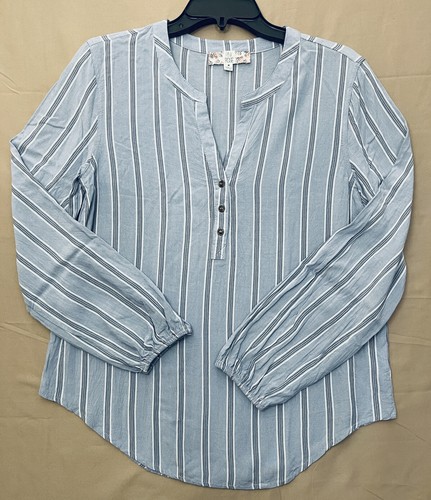 Rosa Rose Bluse V-Ausschnitt Ballonärmel blau gestreift Knopfleiste Pullover Tops