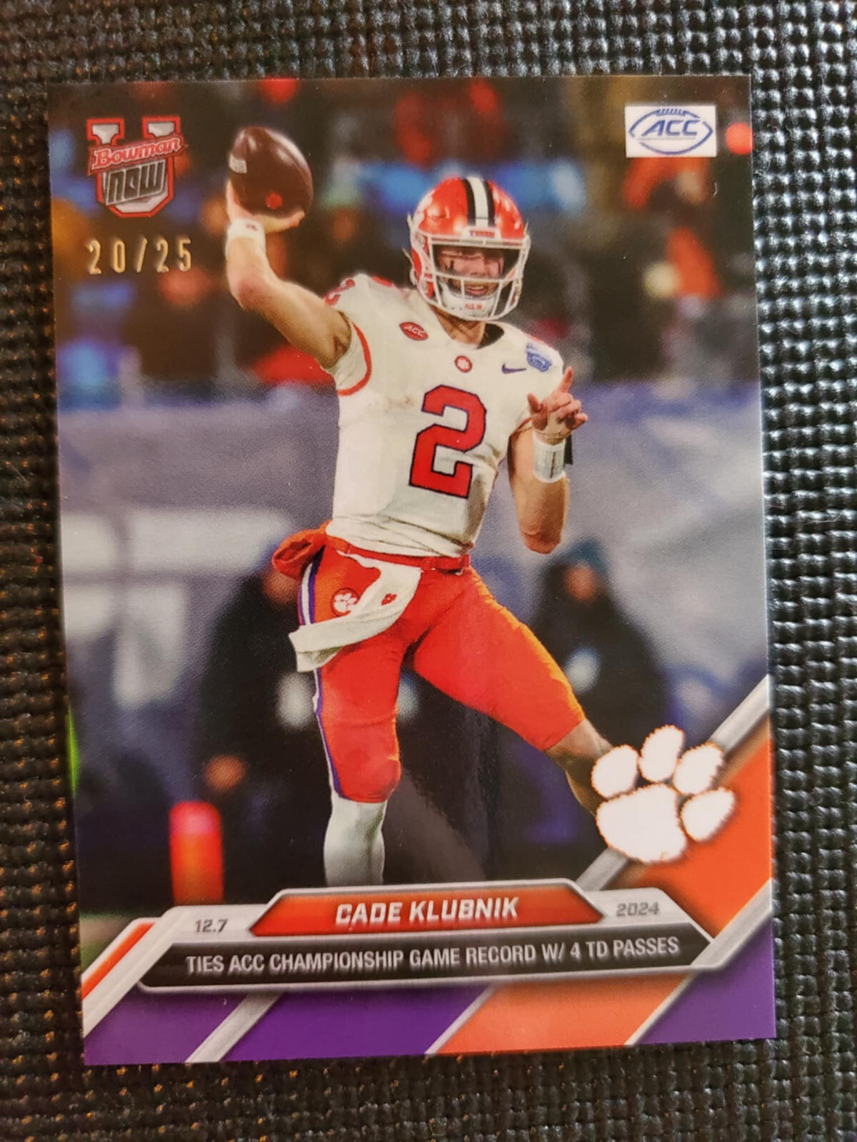 Cade Klubnik Clemsom 2024 Bowman U NOW Football #57 Purple Parallel 20/25