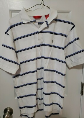 Men's IZOD Golf Polo 2-Button Shirt Heritage Bright White Blue Stripes Sz Small