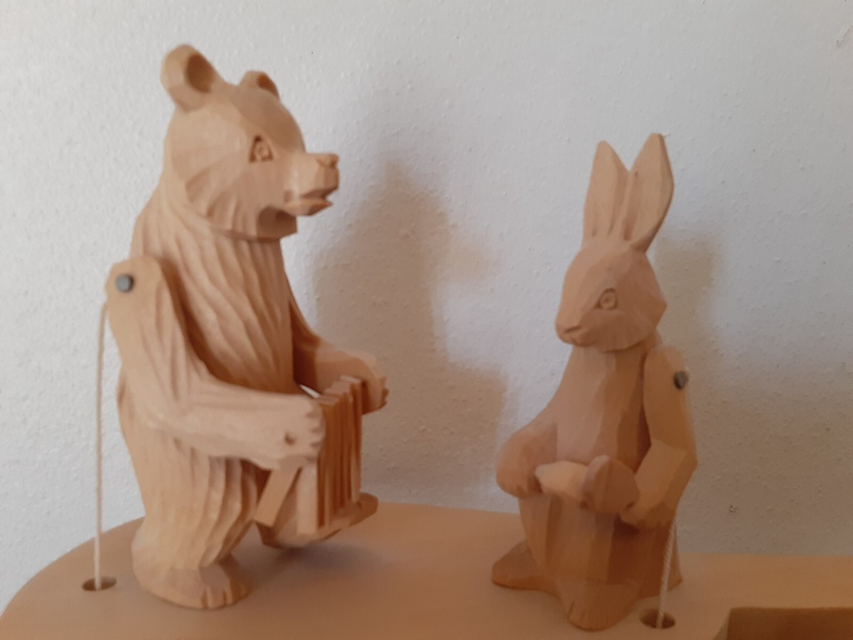 Vintage Hand Carved Wood Folk Art Toy with Animated Bear and