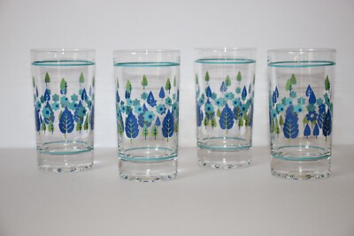 Marcrest Swiss Alpine Chalet Glasses 4 3/4'' Lot of 4 Blue Flowers 8 Oz.  MCM