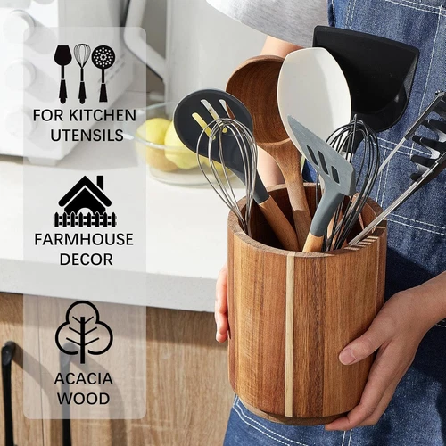 Wood Utensil Holder for Kitchen Counter, 360° Rotating7.2" WoodenCooking Utensil - Picture 5 of 6
