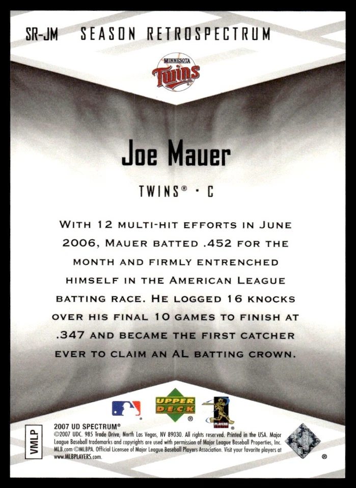 2007 Upper Deck Spectrum Season Retrospectrum Red Joe Mauer 34/99 Minnesota - Image 2 of 2