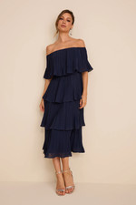 Lulus Gala Ready Navy Blue Off-the-Shoulder Ruffle Midi Dress