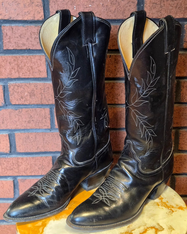 Black Leather White Stitching Vintage Justin Western Cowboy Boots Sz M-8/W-9.5