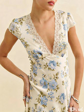 REFORMATION Retro Sexy Deep V Lightweight Silk Soft Satin Flower Dress