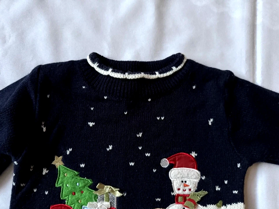 BT Niños Vintage 2T 24 Meses Navidad Suéter Muñeco de Nieve Trineo Árbol Regalos Azul Foto 3 de 4