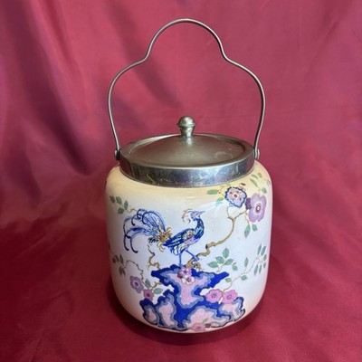 Art Deco biscuit barrel Rare peacock Motif enamel EPNS lid GW&G England c.1920s