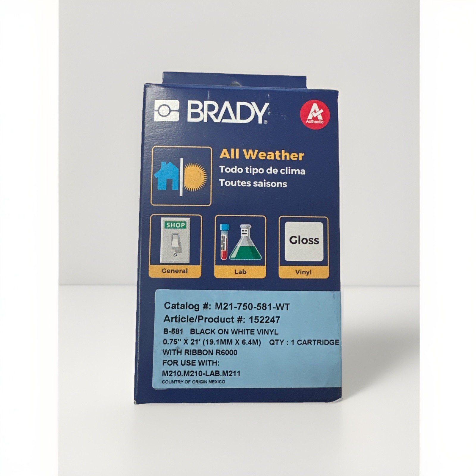 Brady M21-750-581-WT Vinyl Labels, Black on White, 21 x .75