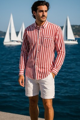 CAMPIONE Del GARDA Men Sz M Super Compact Striped Red Button Up Regatta Shirt