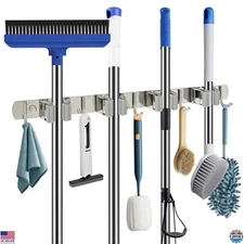 Stainless Steel Wall-Mounted Broom & Mop Organizer - Heavy Duty Rack, 4 Racks,