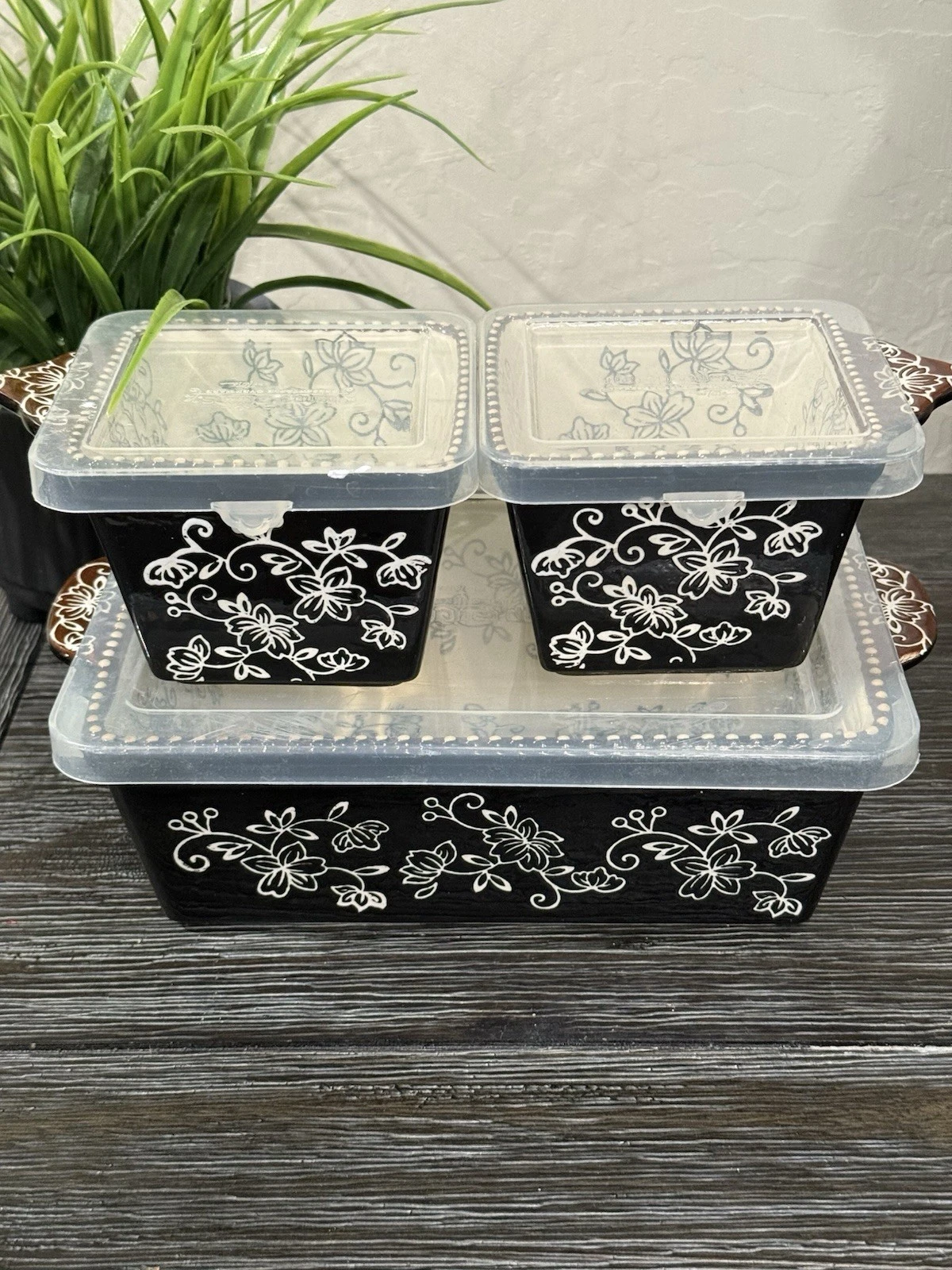 Temptations By Tara Floral lace 1.51 Qt Loaf Pan And Two matching Ramekins Black