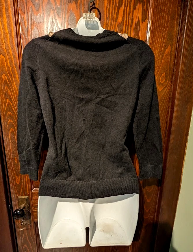 复古 TRACY REESE 纽约黑色和棕褐色花边水晶开衫毛衣女式小号上衣 1A — 第 4/4 张图片