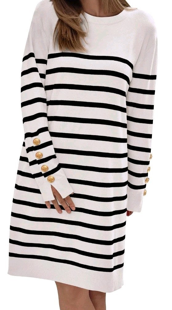Women's Crewneck Striped Ivory Sweater Dress Size XL Gold Buttons on Sleeves