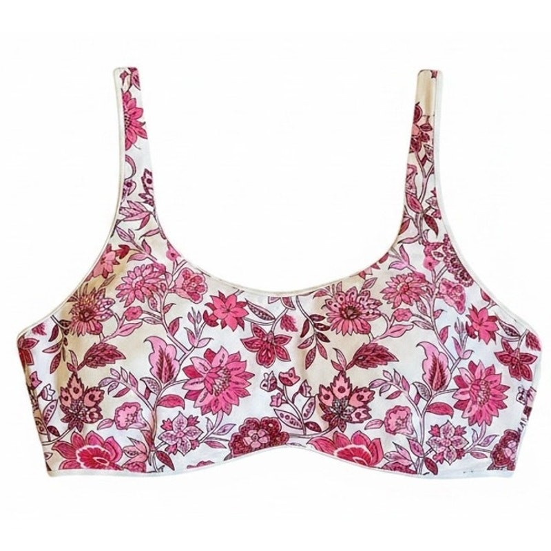 New Bikini Top Pink Floral Burgandy Swimsuit Swimwear Size Small Beachwear Lux