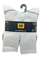 New CAT Shoe Size 8-12 White Midweight Crew Length Performance Boot Socks 6 Pair