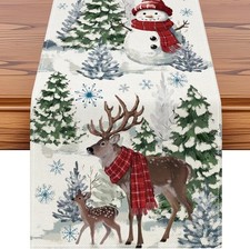 Reindeer Snowman Christmas Tree Table Runner, Xmas Winter Snowflakes Holiday
