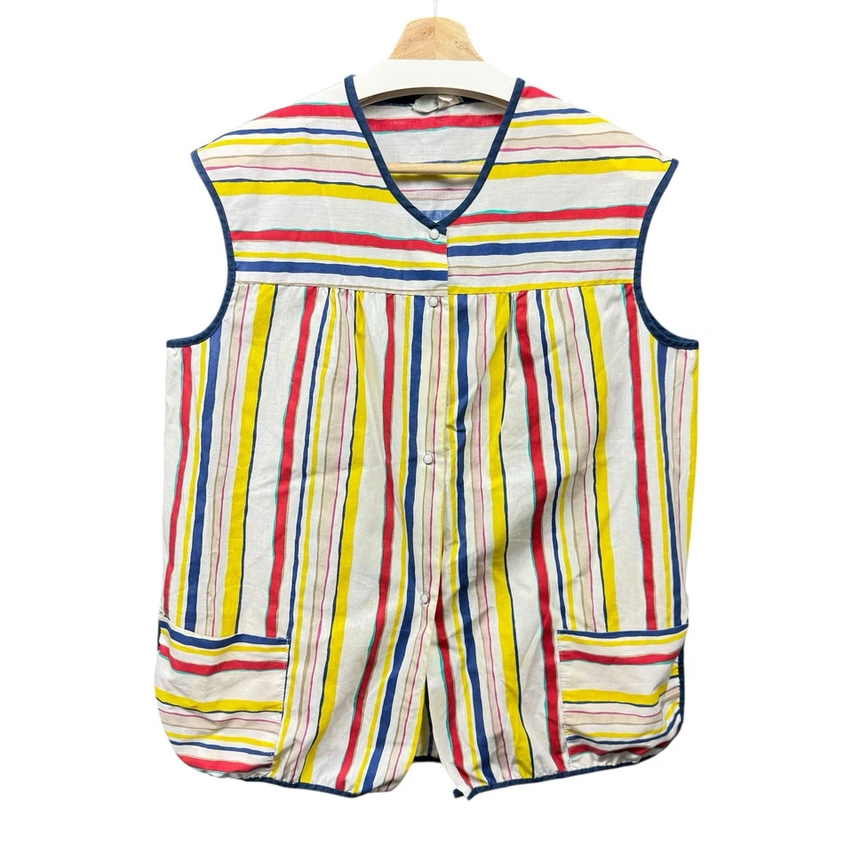 Delantal grande vintage años 60 retro a presión para mujer blanco multicolor a rayas Foto 2 de 4