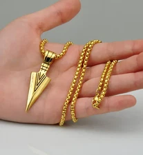 Gold Arrowhead Mens Arrow Pendant Necklace 24" Chain - Native American Style