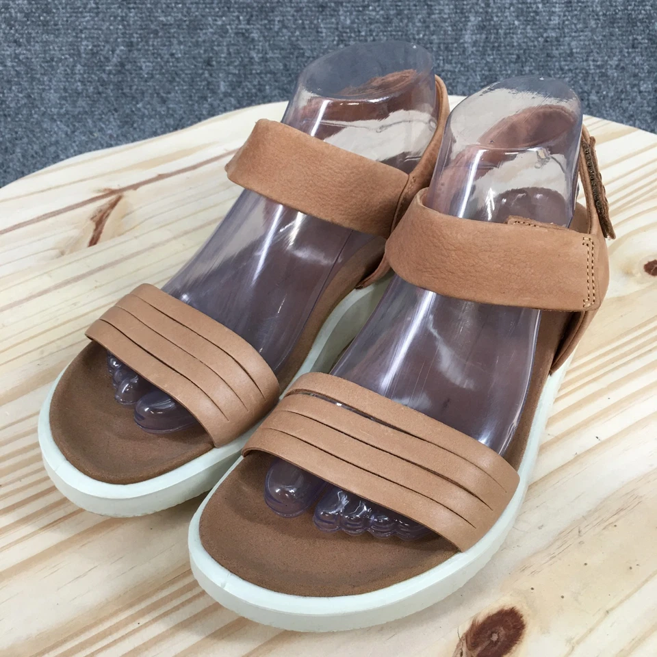 Ecco 凉鞋女式 8 踝带棕色皮革钩环休闲露趾 — 第 3/4 张图片