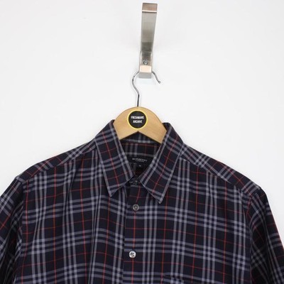 Vintage 00s Burberry London Navy Blue Nova Check Short Sleeve Cotton Shirt  UK