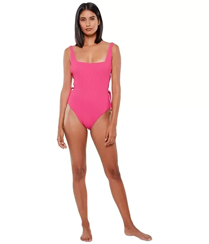 Sanctuary L55438 Womens Pink Solid Square Neckline Lace Side Swimsuit Size Large