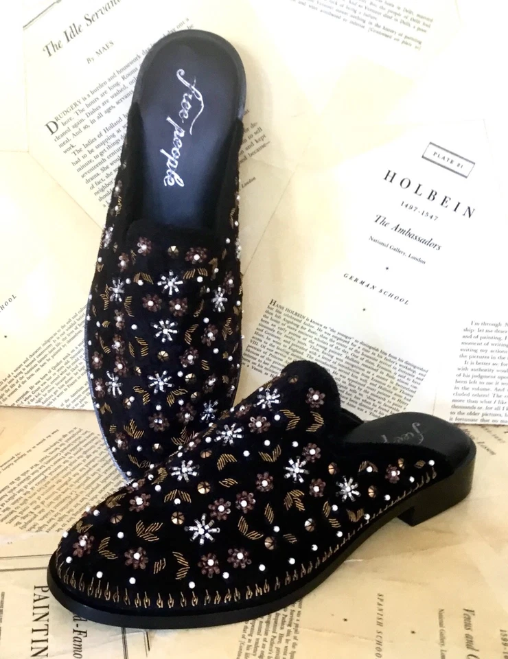 Free People Cosmic Beaded Velvet Slip On Loafer Mule Black Velvet 41/11 NEW