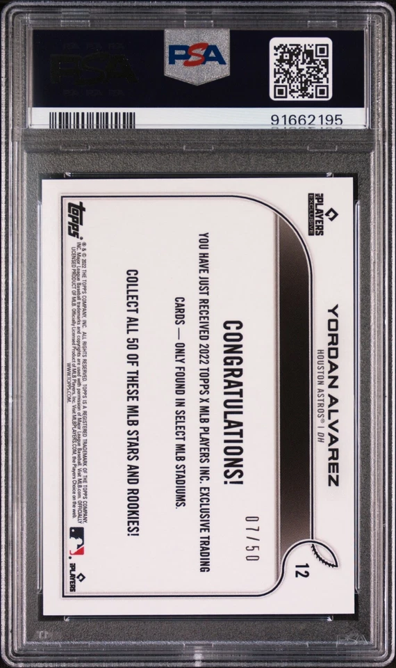2022 TOPPS X MLBPA EXCLUSIVE 12 YORDAN ALVAREZ GOLD /50 - PSA 10 - POP 3! - Image 2 of 2