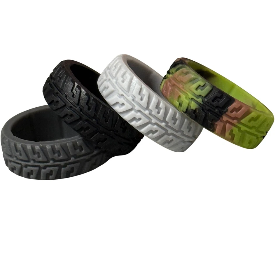 Paquete de 4 anillos de boda de silicona con banda de rodadura de neumáticos para hombre ajuste cómodo flexible talla 13 Foto 2 de 4