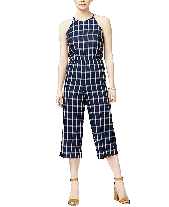 混棉格纹休闲连体裤和连裤女