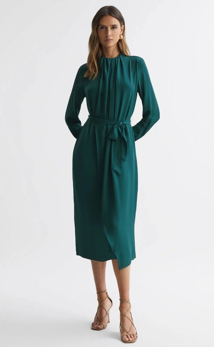 REISS GREEN PHOENIX PLEATED LONG SLEEVE MIDI DRESS UK Size