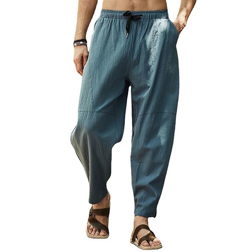 Men's Cotton Linen Baggy Trousers Wide Leg Elastic Waist Loose Harem Pants Plus - Picture 7 of 18