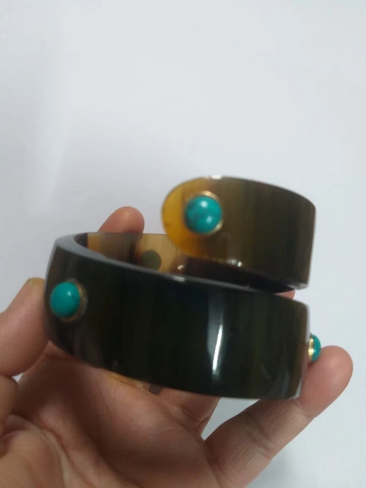 Brazalete brazalete de cuerno de búfalo natural con joyería turquesa pulsera rizada artesanal Foto 4 de 4