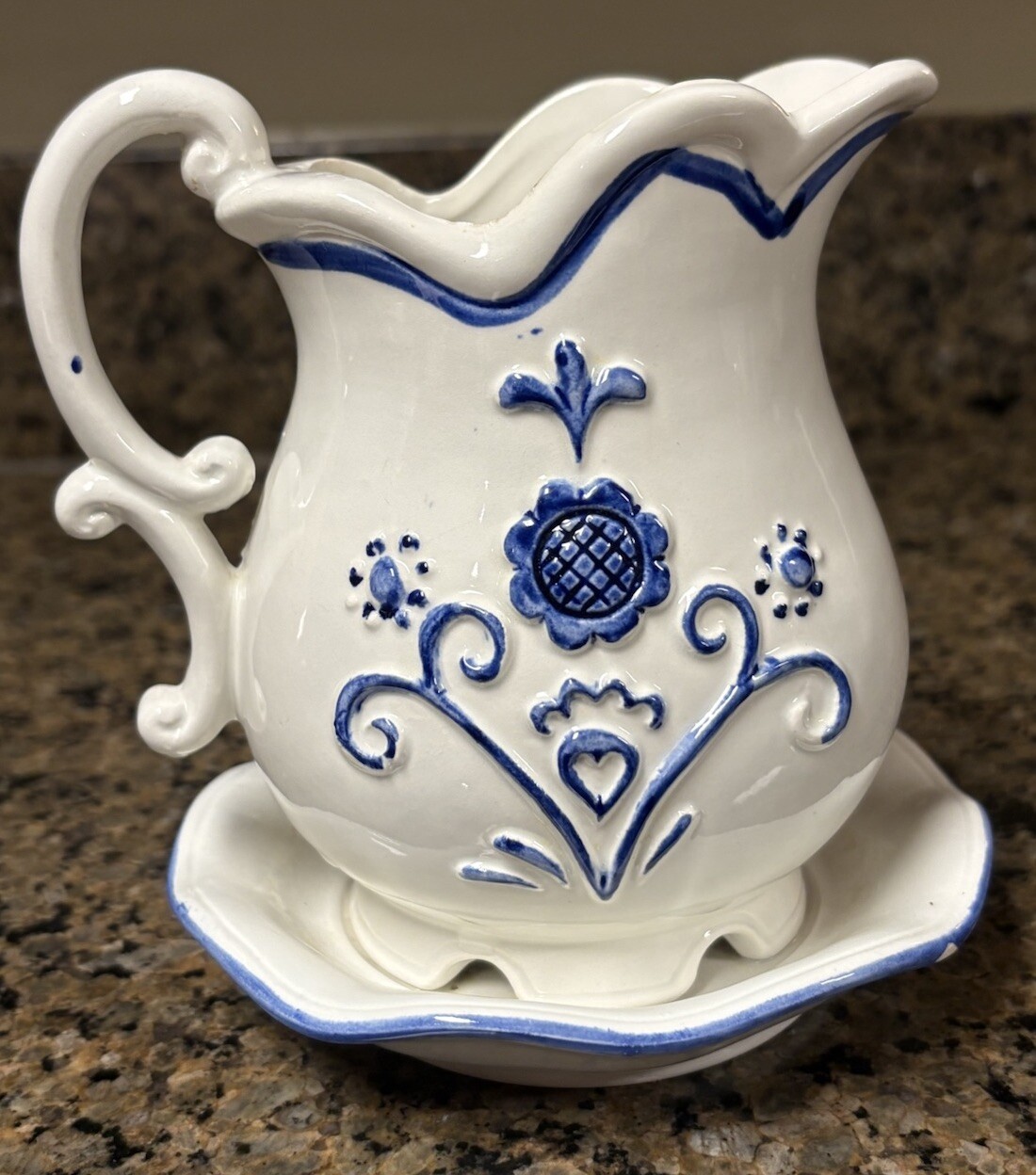 Intricate Vintage Blue Love Birds Pitcher/Vase With Saucer Made In Japan 5” Tall