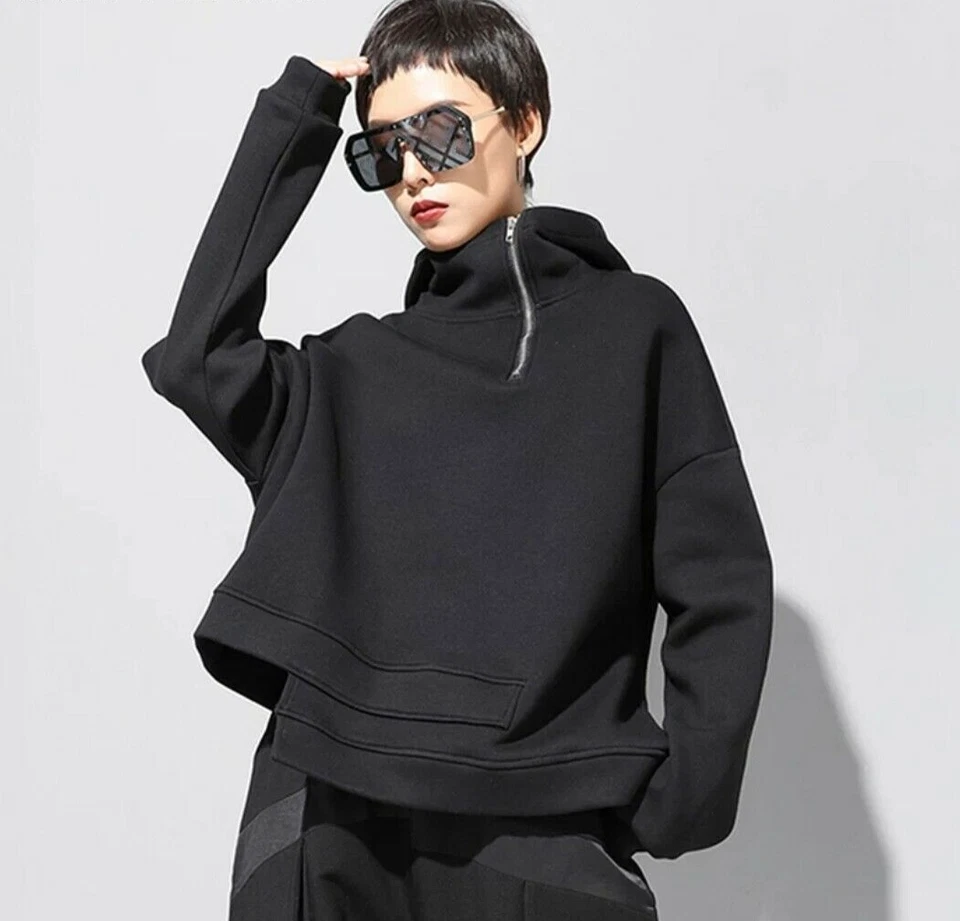 Black Soft Sweater Zip Funnel Neck  Arty Urban Chic  Hoody Sweater Top  10 12 - Image 3 of 4