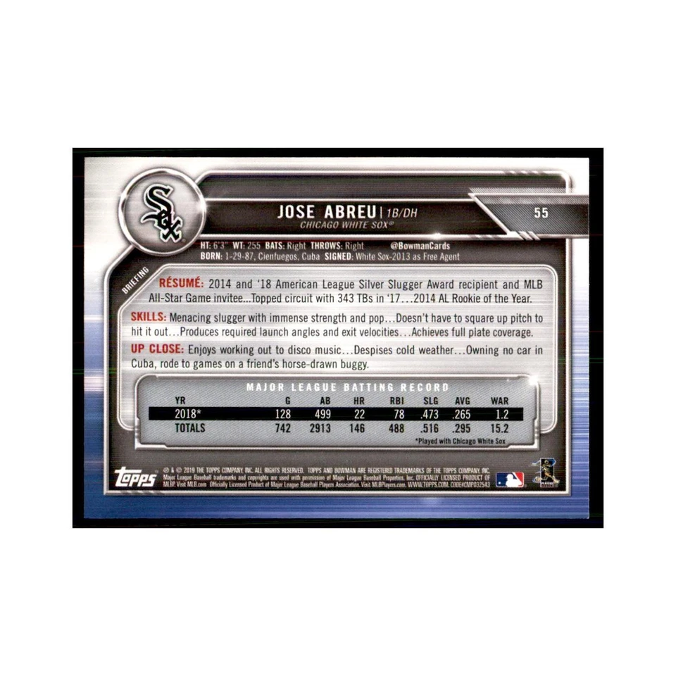 2019 Bowman. Jose Abreu Baseball Cards #55 - Image 2 of 3