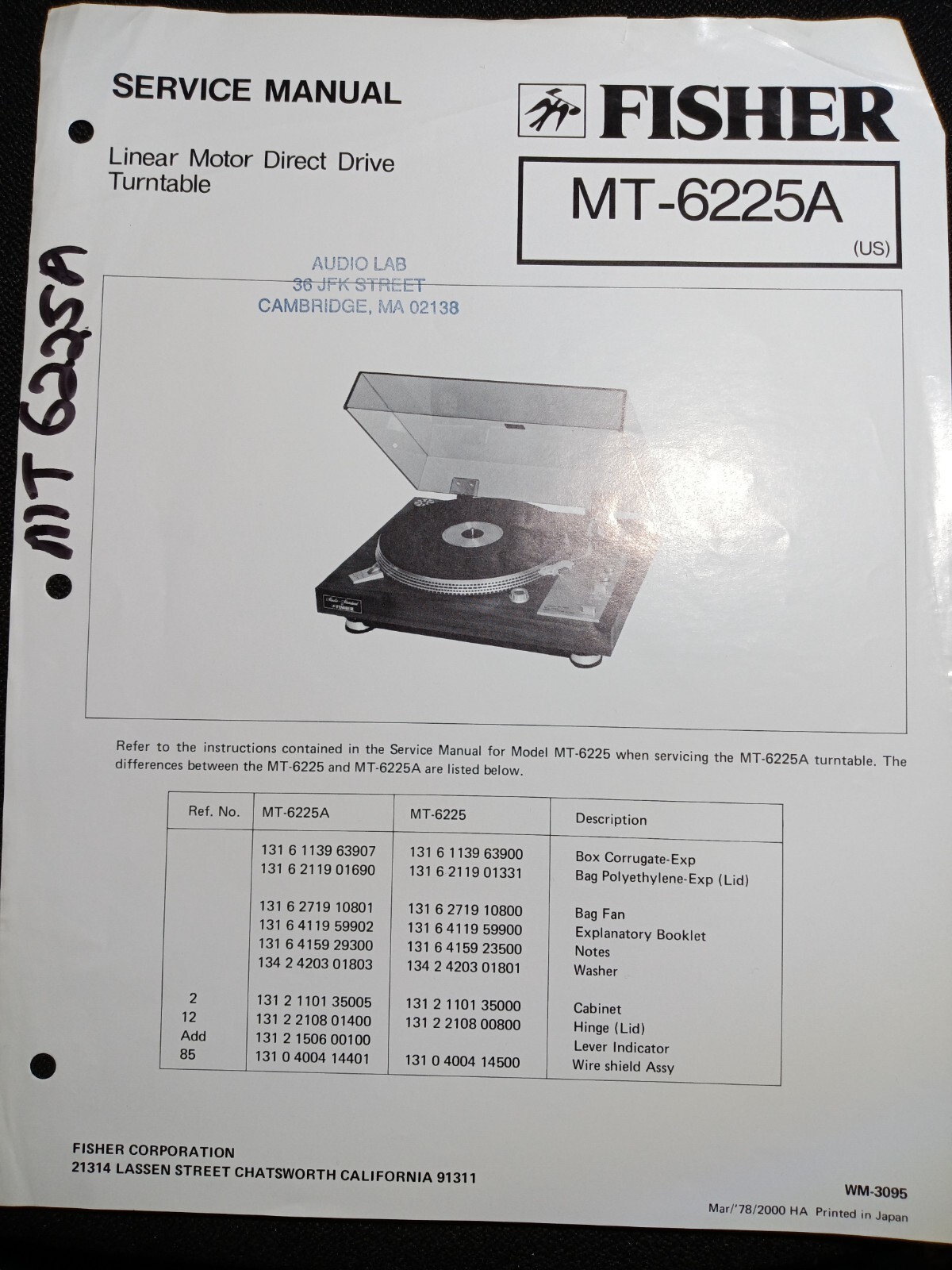 Fisher MT-6225A Linear Motor Turntable Service Manual Direct Drive Original