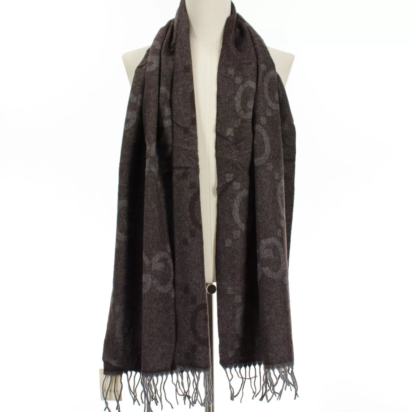 Foulard Gucci neuf avec étiquette 100% cachemire monogramme taille unique marron et gris fabriqué en Italie