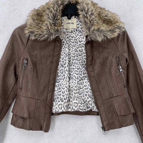Girls Brown Cherokee Faux Leather Jacket With Faux Fur Trim Kids Small - Picture 4 of 9