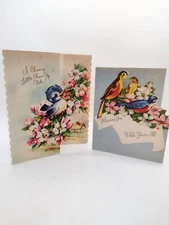 Mid Century Birds Get Well Greeting Cards Tri Fold Used Flowers Crafting USA Vtg