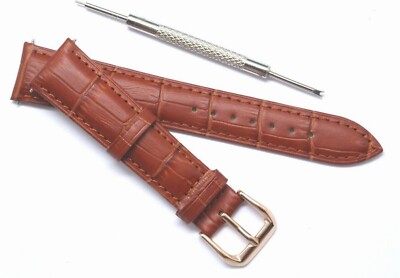 19mm Brown Alligator Grain Leather Watch Band Rose Gold Tone Buckle With Tool