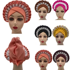 2Pcs Nigeria African Hat Women Aso Oke Gele Headtie Turban Cap Headwrap Wedding