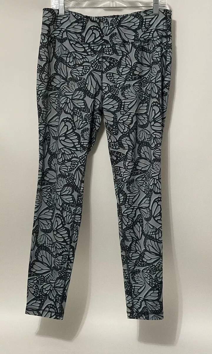 DANSKIN NOW Womens Size L Butterfly Yoga Pants Athletic Wear Black Aqua Gray