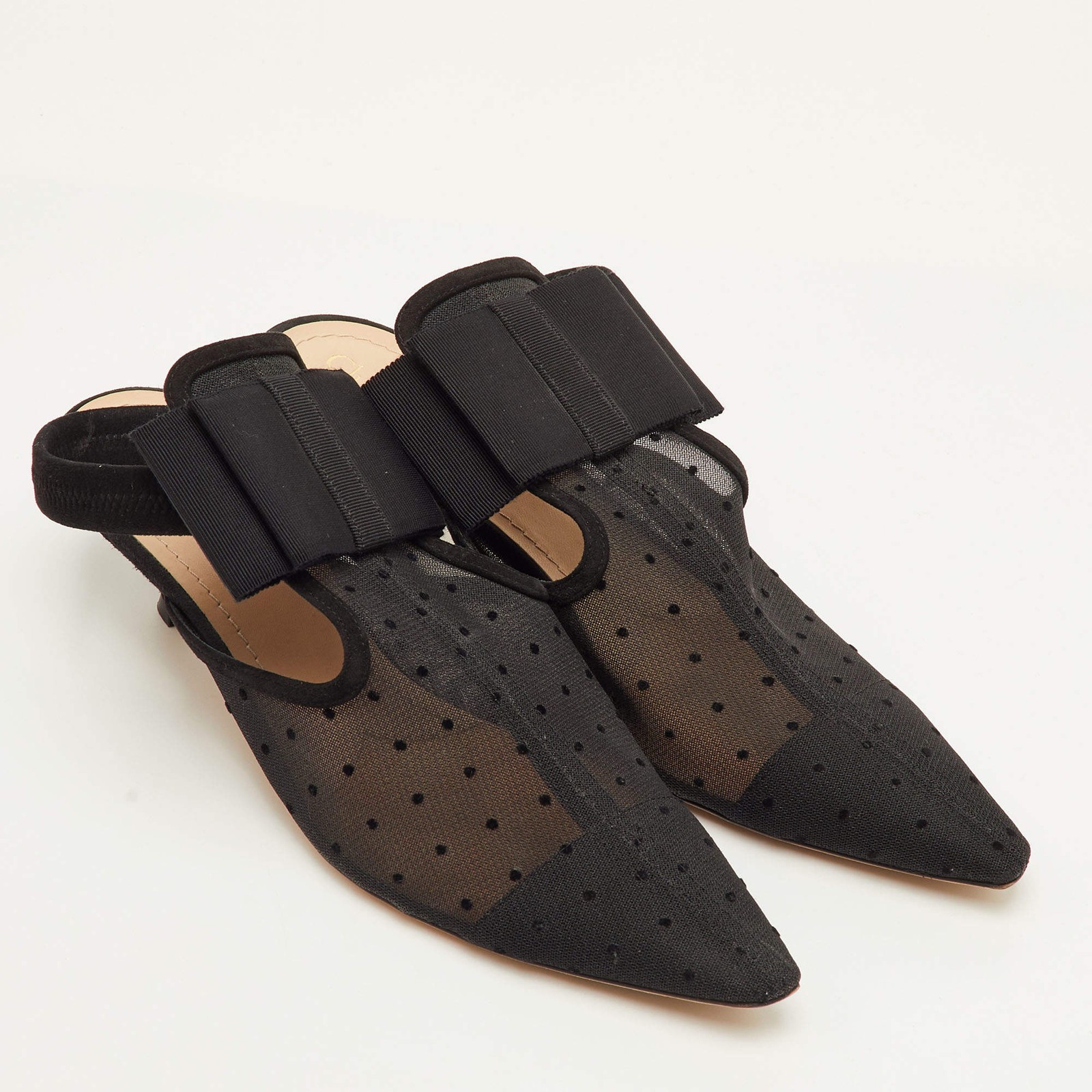 Dior Size 40 Black Mesh and Suede Trim Polka Dot Bow Pointed Toe Slingback Mules thumbnail 4