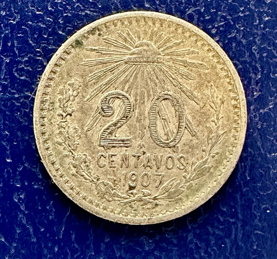 RARE Beautiful 1907 (Straight 7) Mexico 20 Centavos SILVER KM 435 - Image 2 of 3