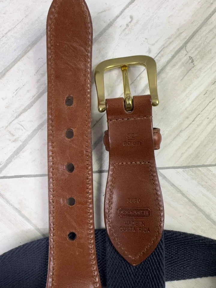 Cinturón Coach de sarga de cuero para hombre talla 32" azul marino beige rayas preppy carrera 3880 Foto 3 de 4