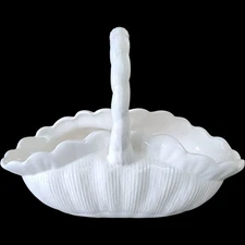Vintage Signed White Ceramic Basket Handmade Scalloped Pottery w Twisted Hand...