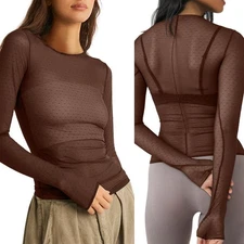 Women Sheer Mesh T-shirts Mock Neck Long Sleeve Crop Tops Retro See Through