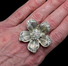 Crystal Rhinestone Silver Tone Flower Statement Stretch Ring Size 9-11