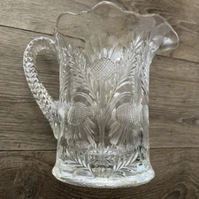 Mosser Inverted Thistle Pitcher Clear Pressed Glass Cut Handle 6 1/2" Tall